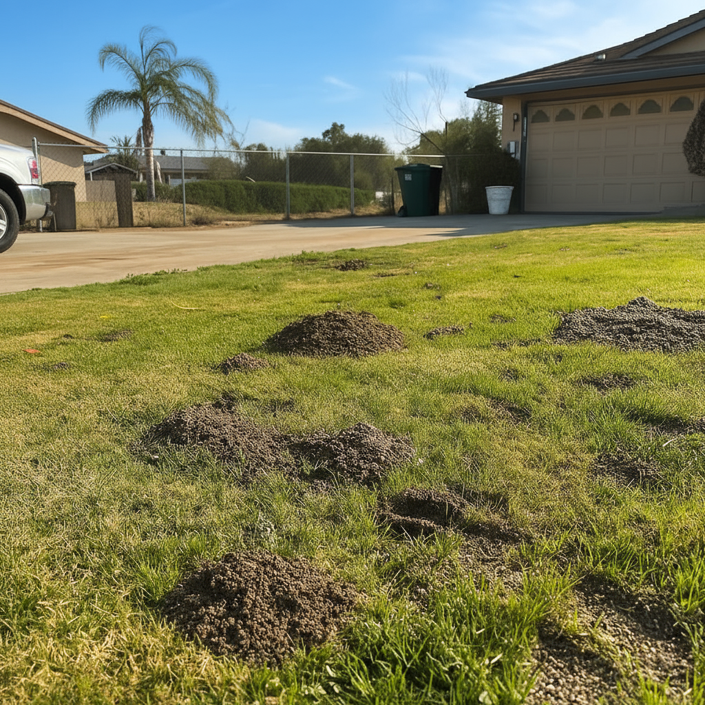 Before gopher removal Temecula - lawn with visible gopher damage mounds and holes