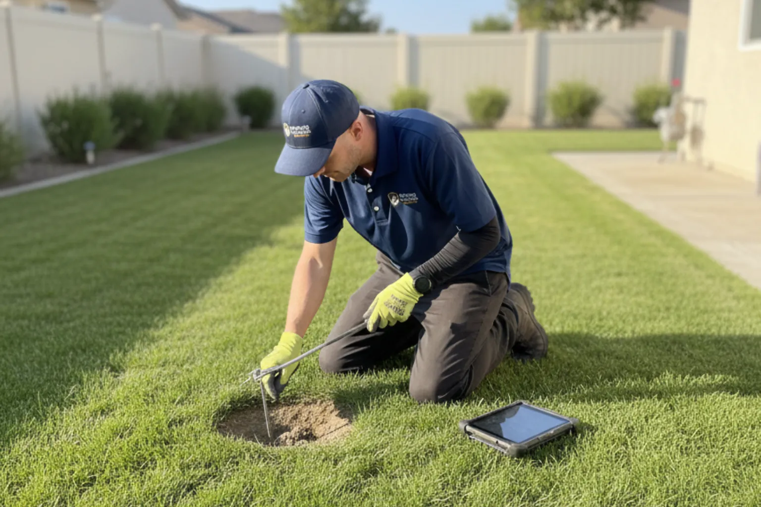 Gopher Champs technician inspecting fresh gopher mounds on a sunny Southern California lawn.