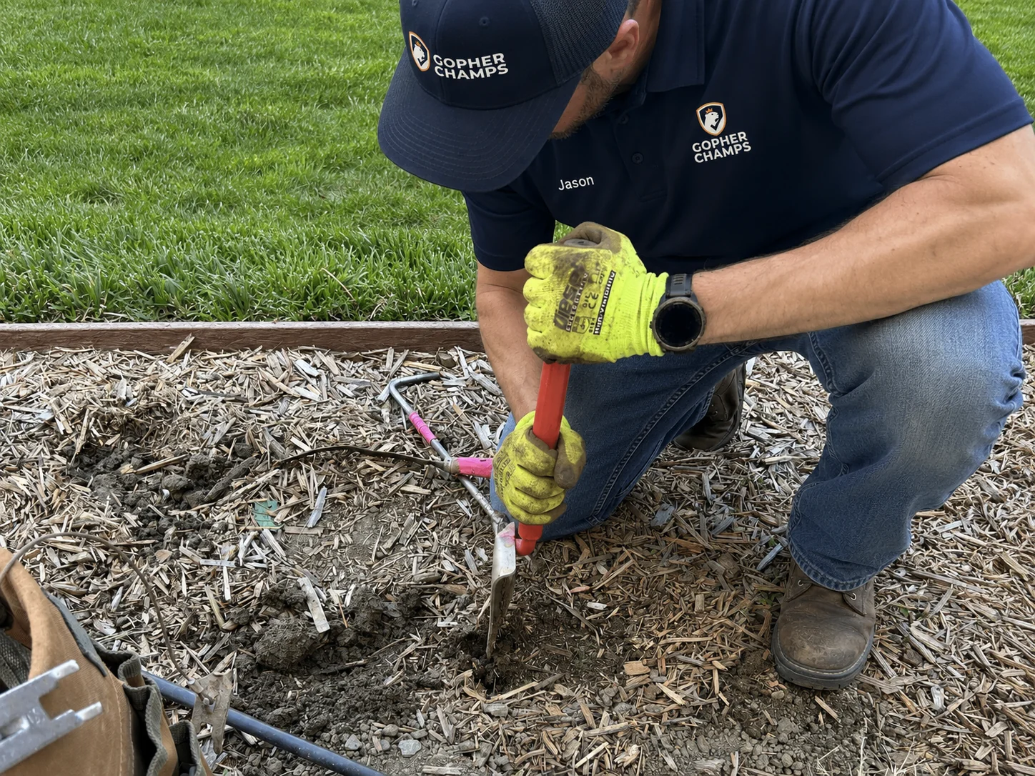 Professional gopher exterminator Jason from Gopher Champs setting a body-grip trap in a Southern California yard — the precision step that separates licensed pest control from DIY gopher removal