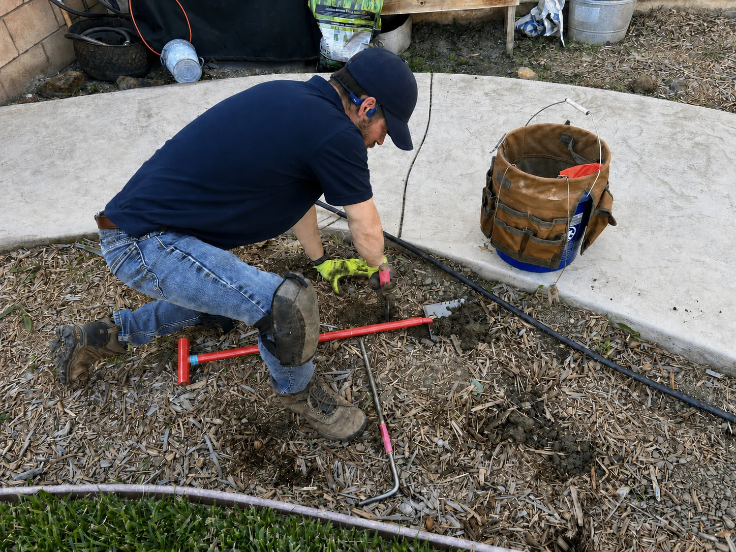 Licensed gopher exterminator from Gopher Champs probing a tunnel entrance in a Southern California yard — the hands-on precision that separates professional pest control from DIY gopher removal