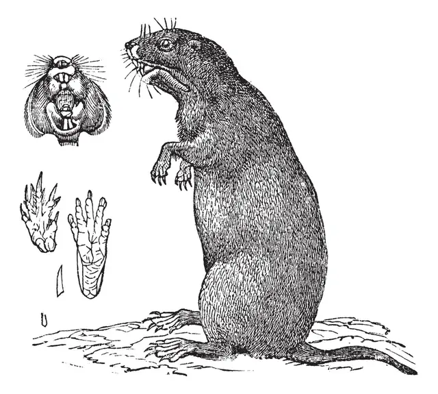 Drawing of a gopher standing upright, showing face, front paws, and hind paws.