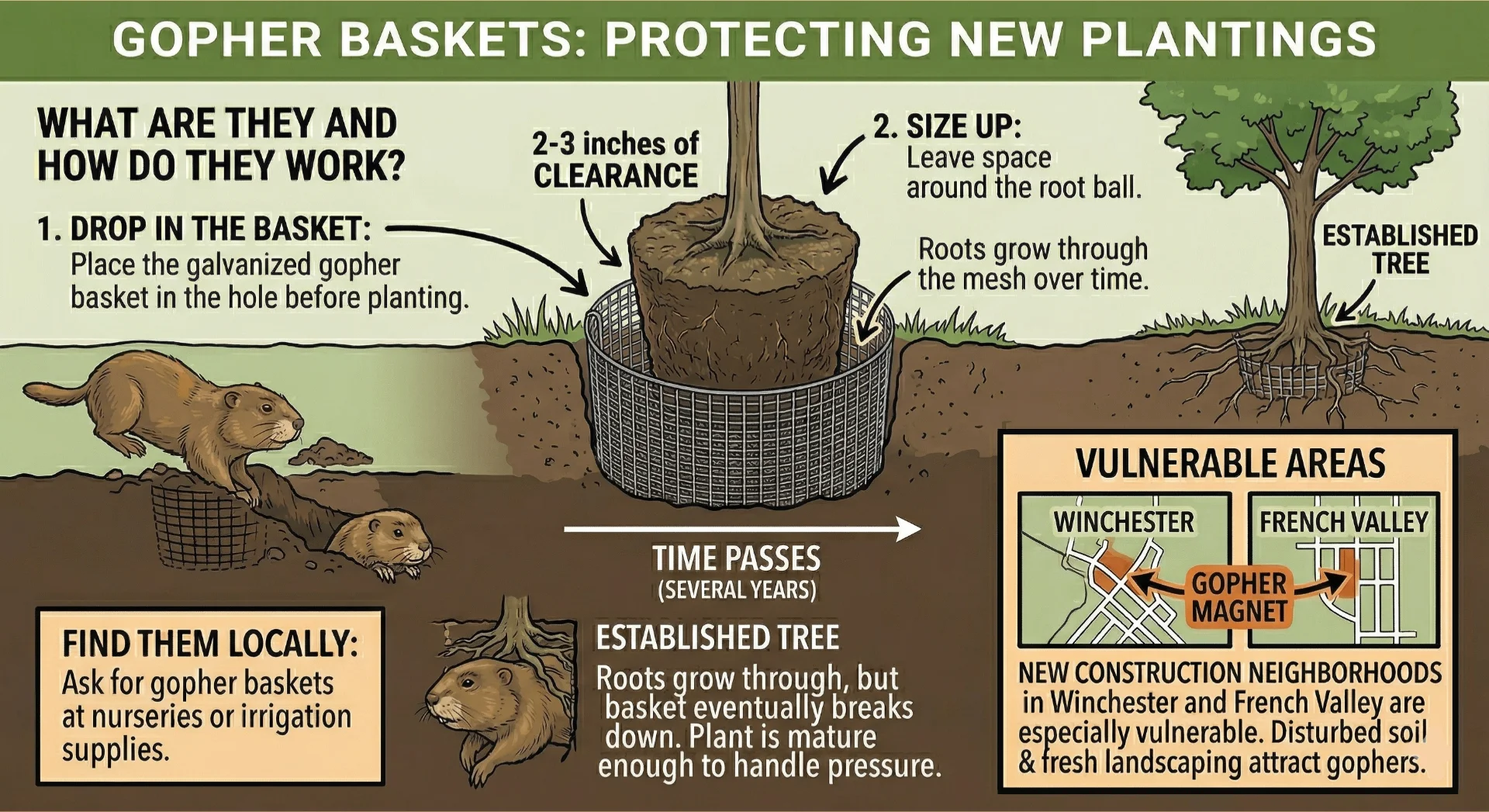 Gopher root basket placed in planting hole in Southern California backyard