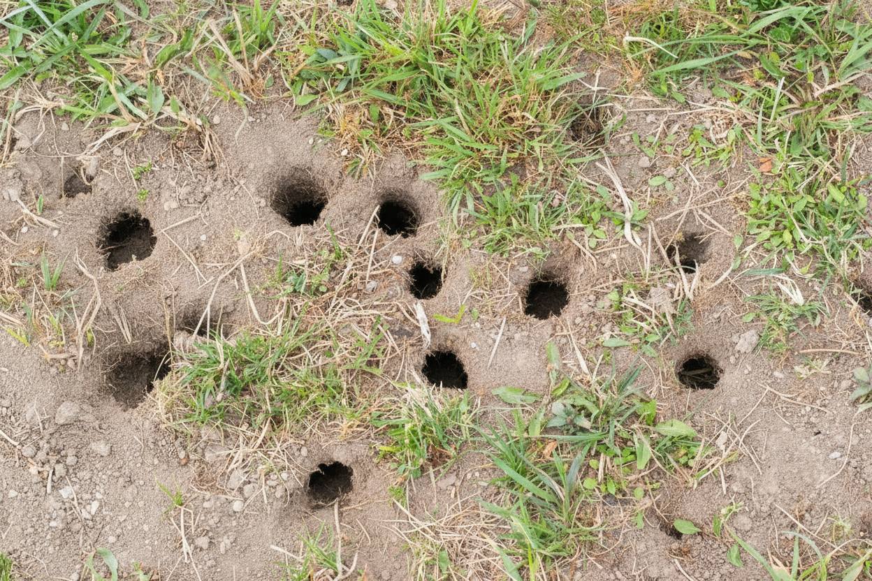Multiple open ground squirrel burrow holes near concrete edging
