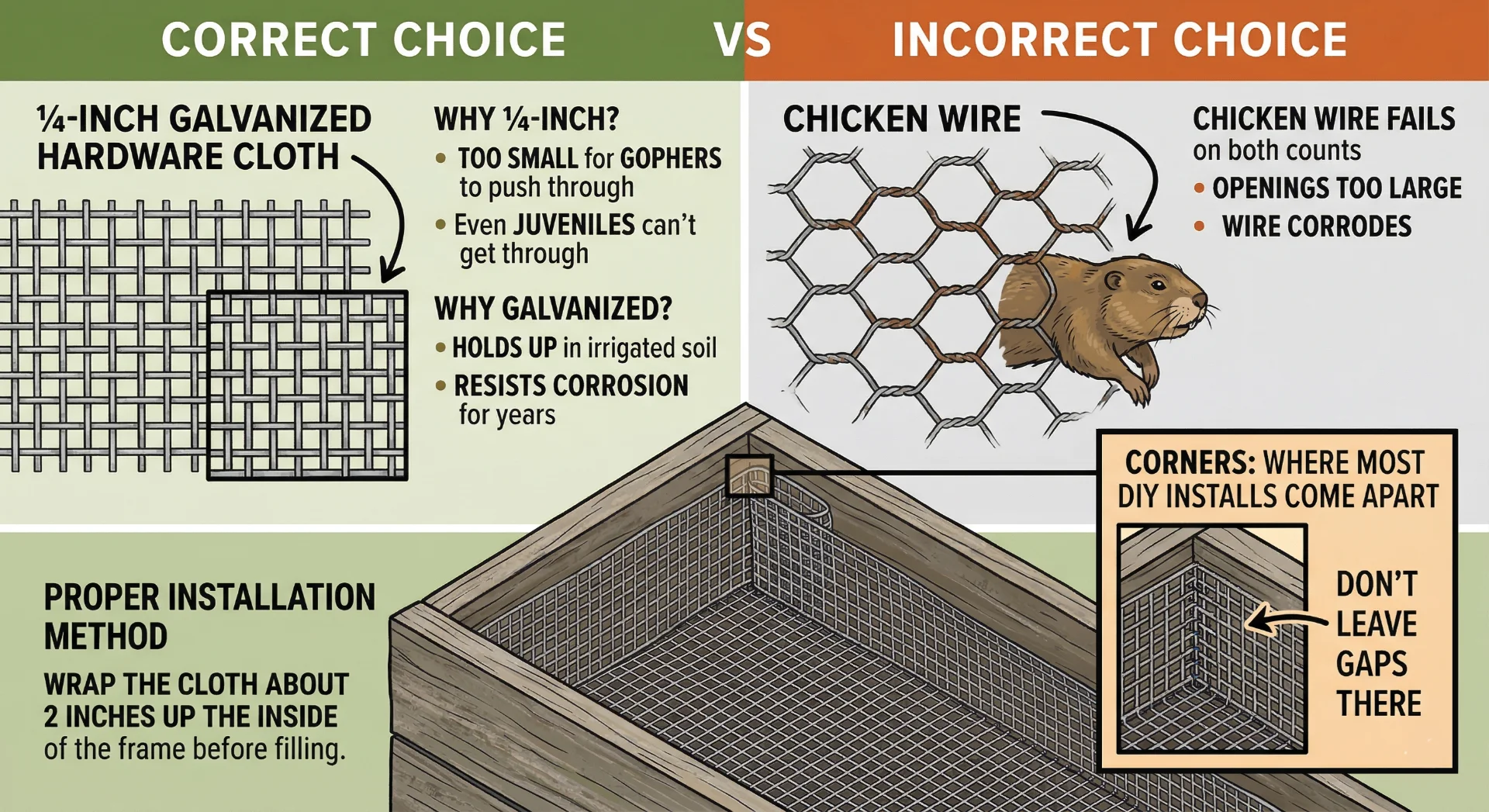 Hardware cloth installed in raised bed bottom to block gophers in Riverside County