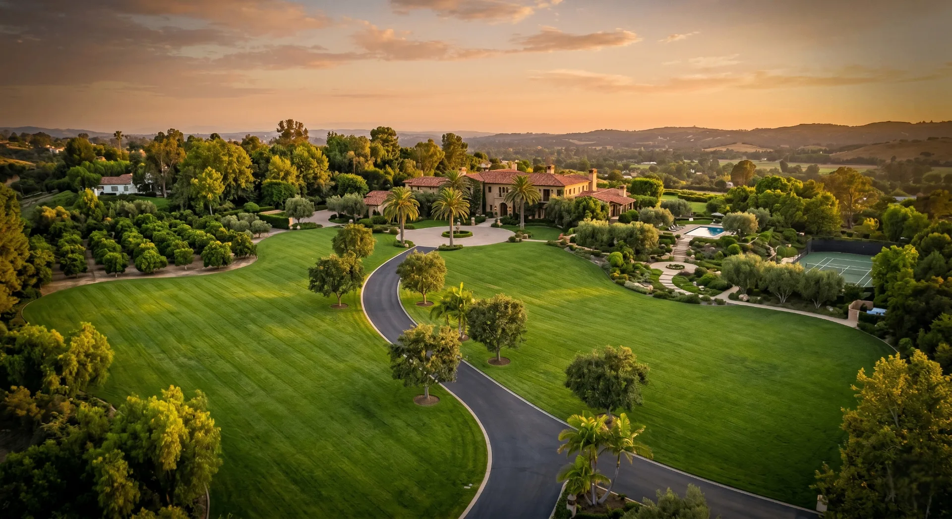 Aerial view of luxury estate property with expansive green lawns