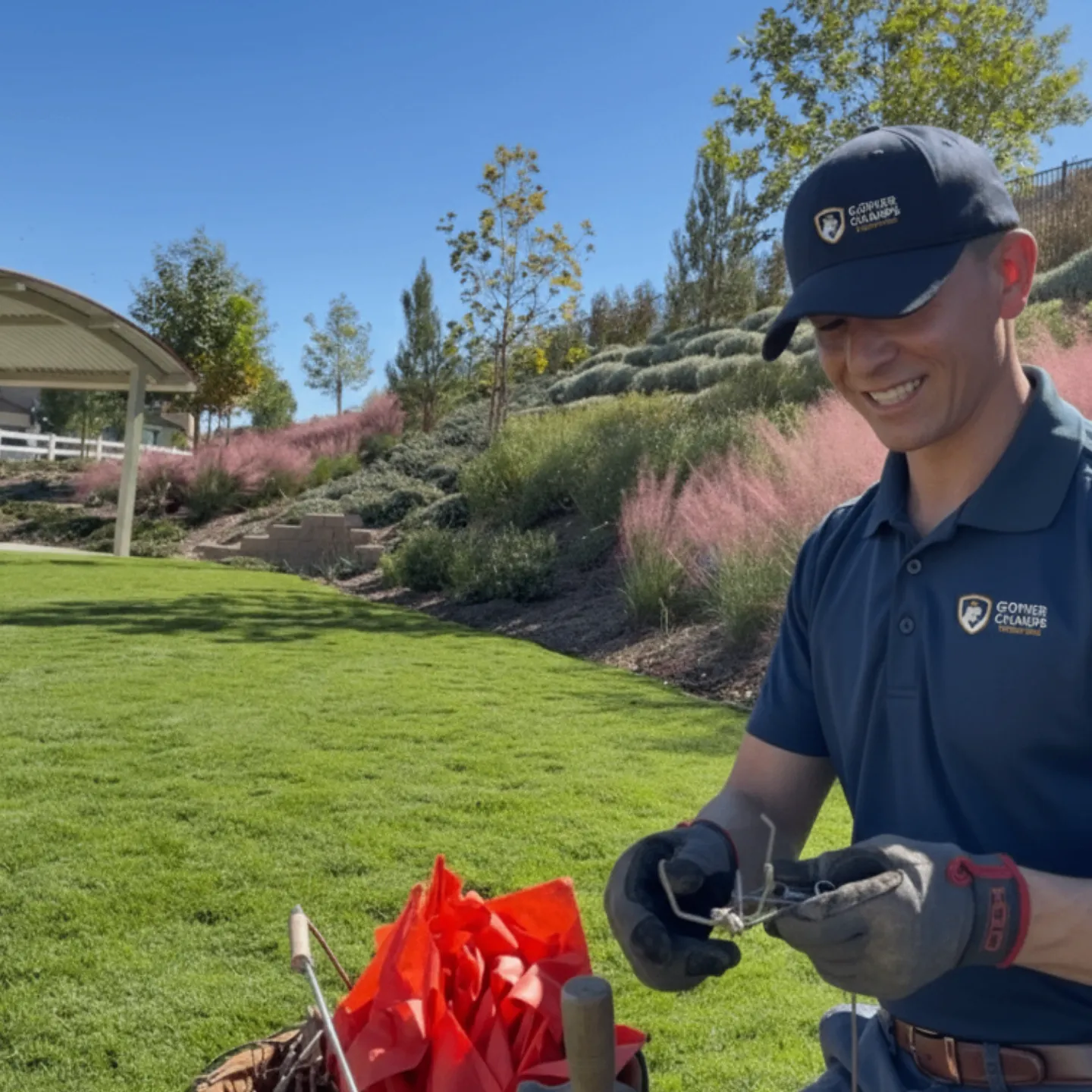 James, Gopher Champs technician, setting gopher traps on a lawn