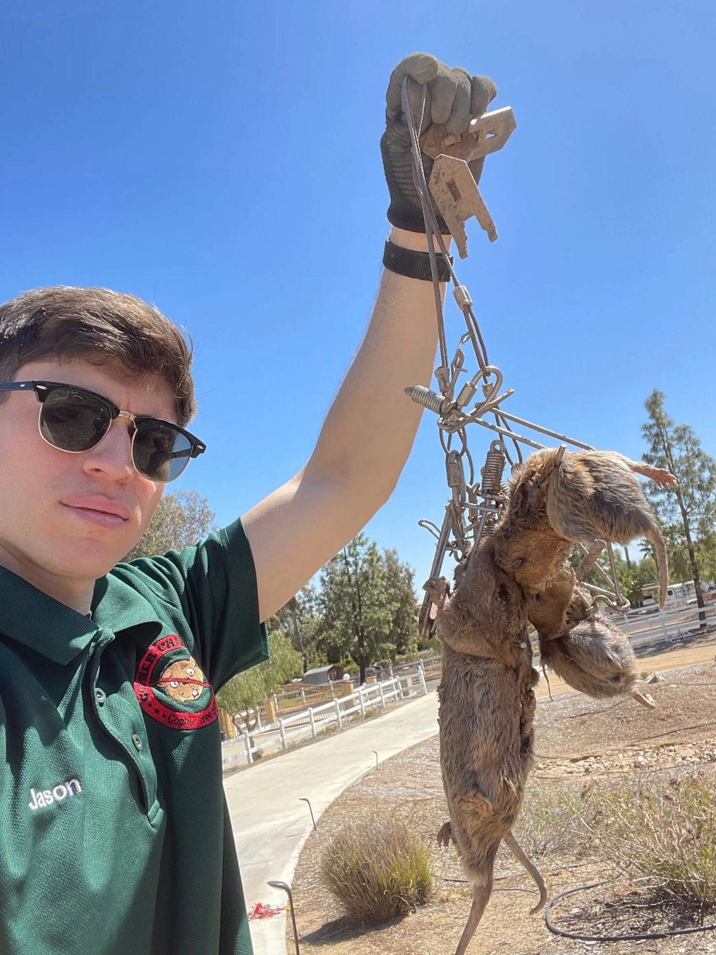 Jason, Gopher Champs technician, holding a successfully trapped gopher