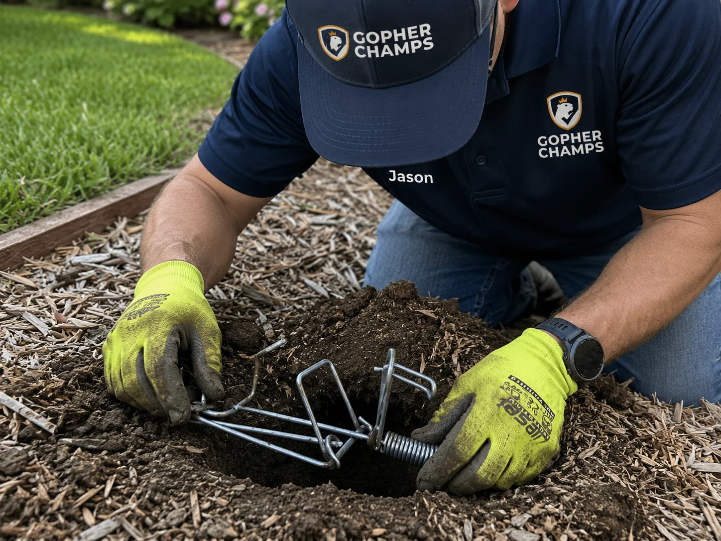 Gopher Champs technician Jason setting a professional gopher trap by hand into a fresh tunnel opening — the fastest way to get rid of gophers in a yard.