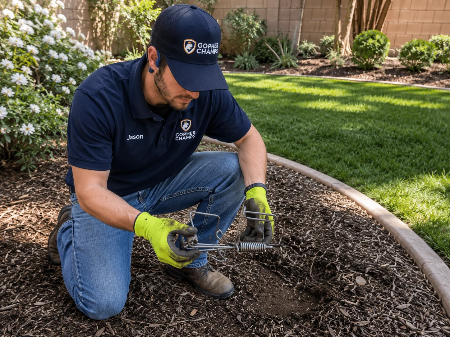 Gopher Champs technician Jason kneeling at an active gopher tunnel with a professional trap in a restored Southern California backyard lawn.