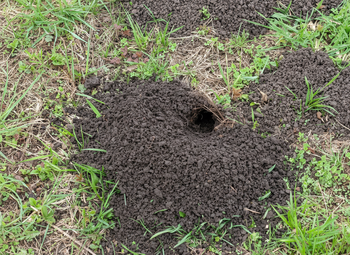 Volcano-shaped mole mound on a green lawn