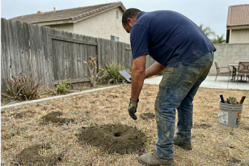 Gopher Champs tech documenting gopher tunnel in dry fall lawn in Southern California