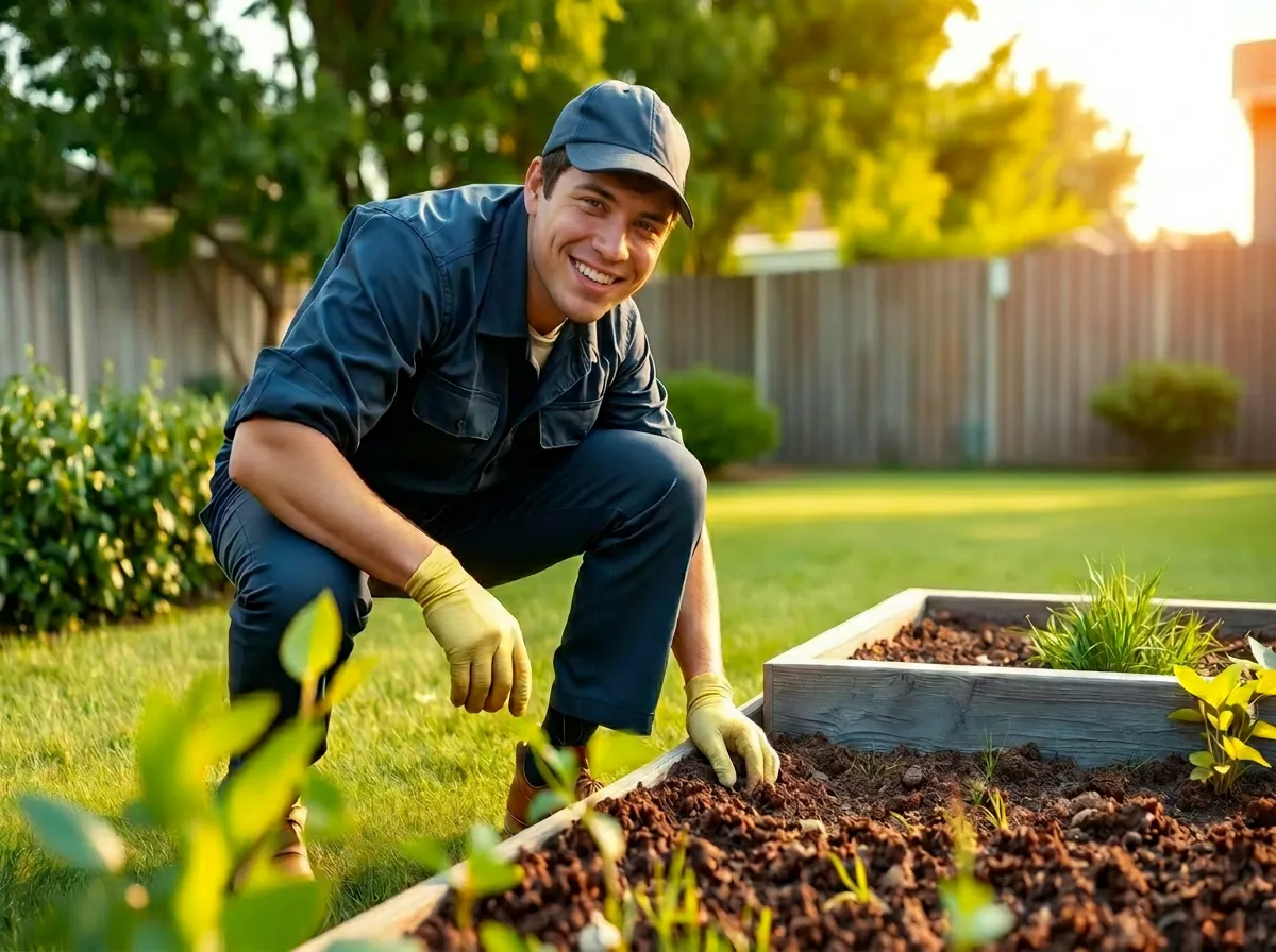 Gopher Champs technician inspecting yard near garden beds in Temecula