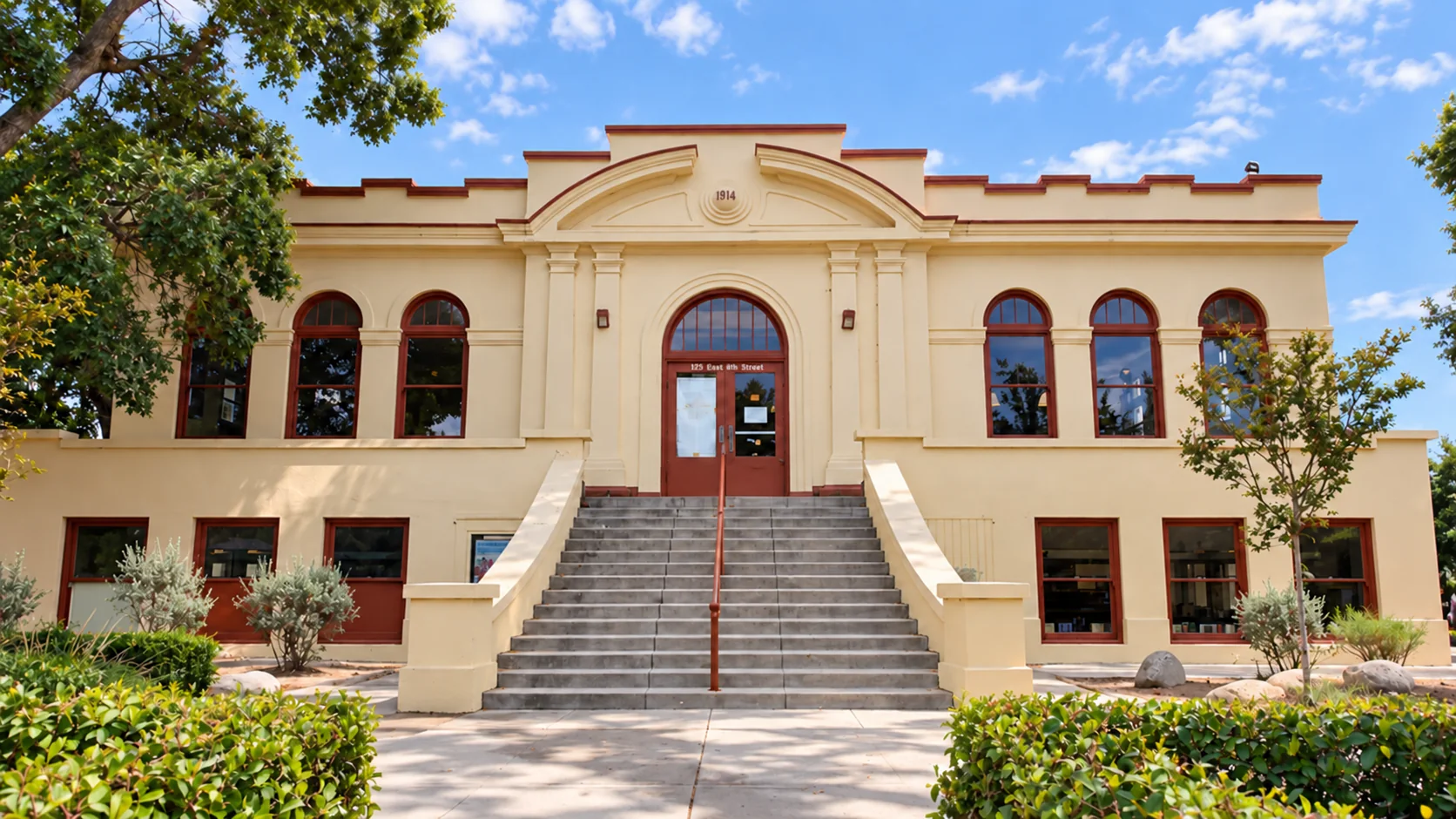 Historic Carnegie Library entrance in Beaumont, California