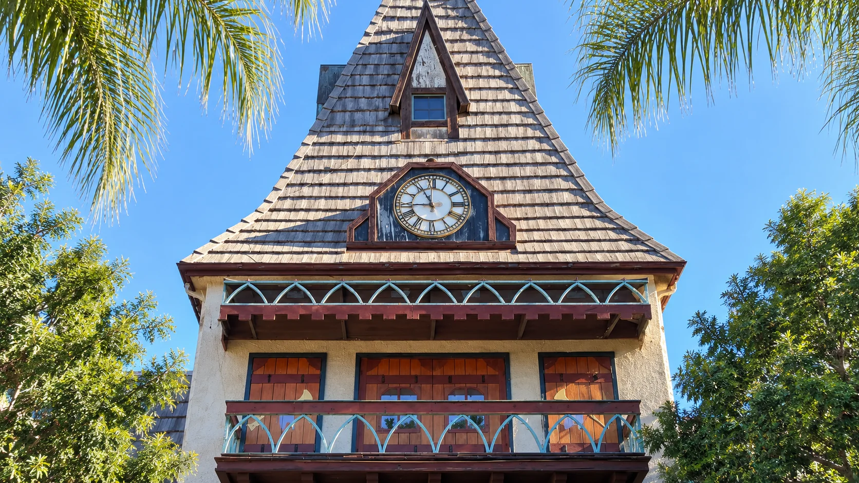 Crown Village clock tower detail in Calimesa, California