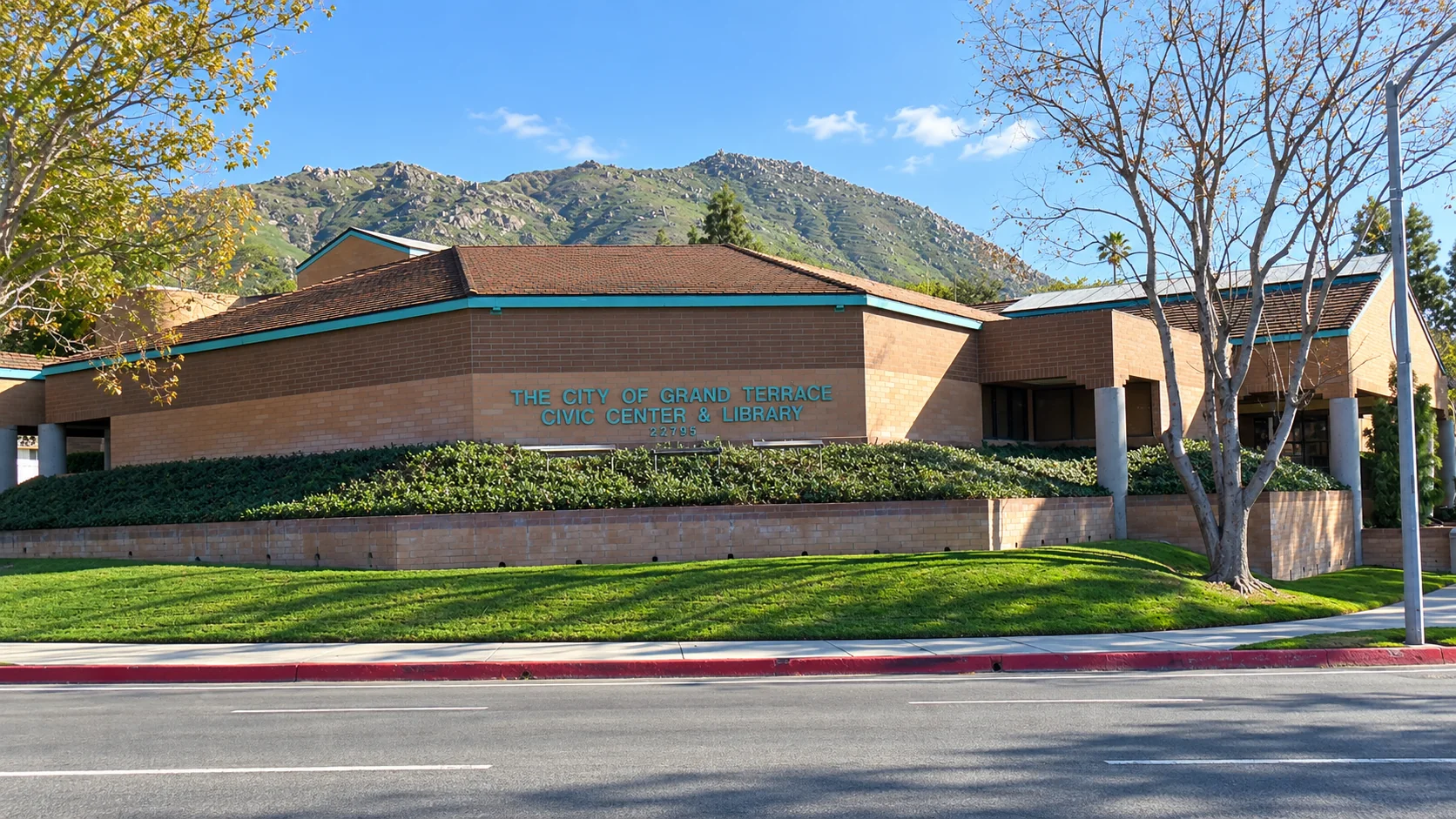 Grand Terrace Civic Center and Library with Blue Mountain behind it in Grand Terrace, California
