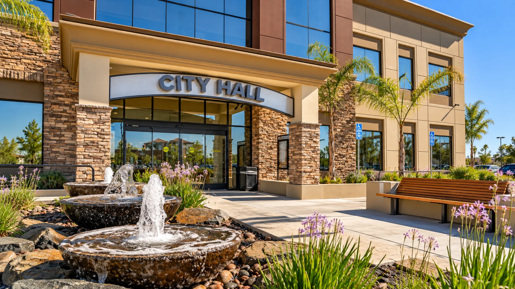 Menifee City Hall entrance and fountain in Menifee, California