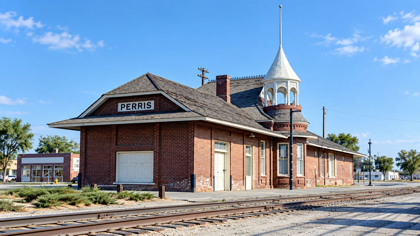 Historic Perris railway depot with its white turret in Perris, California